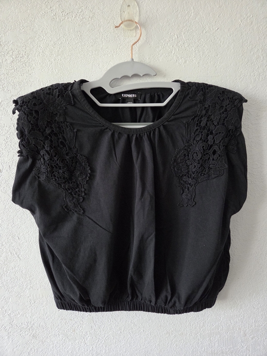 Express Tops - Express Black Crochet-Shoulder Short Sleeve Top